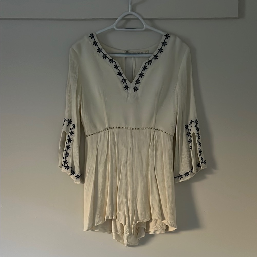 Cream and Black Embellished 3/4 Bell Sleeve Romper